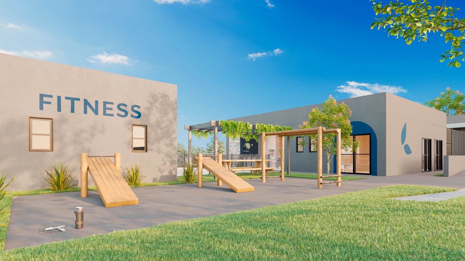 Espaço fitness ao ar livre e área kids