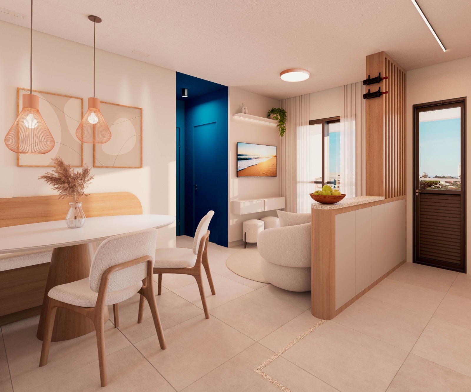 Sala e cozinha integradas do apartamento decorado