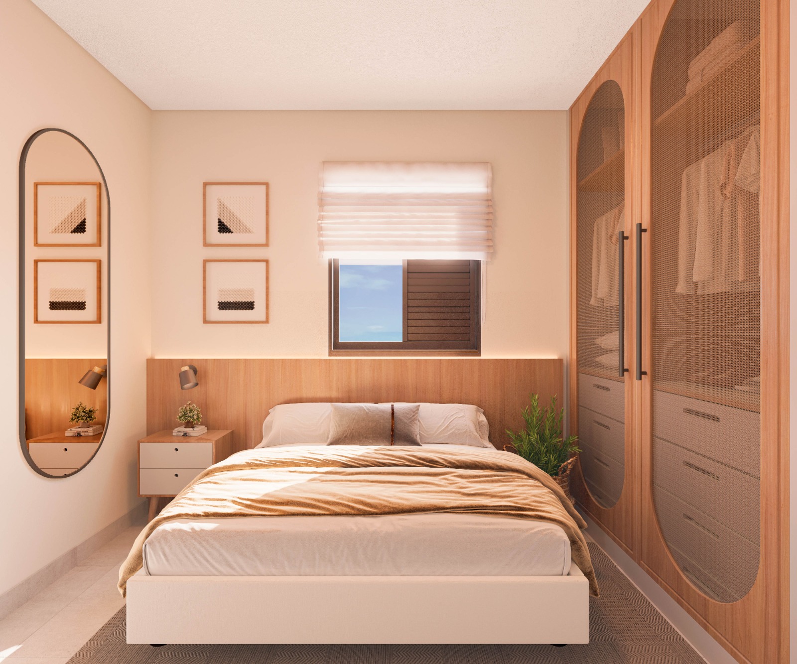 Suíte decorada com guarda-roupa planejado