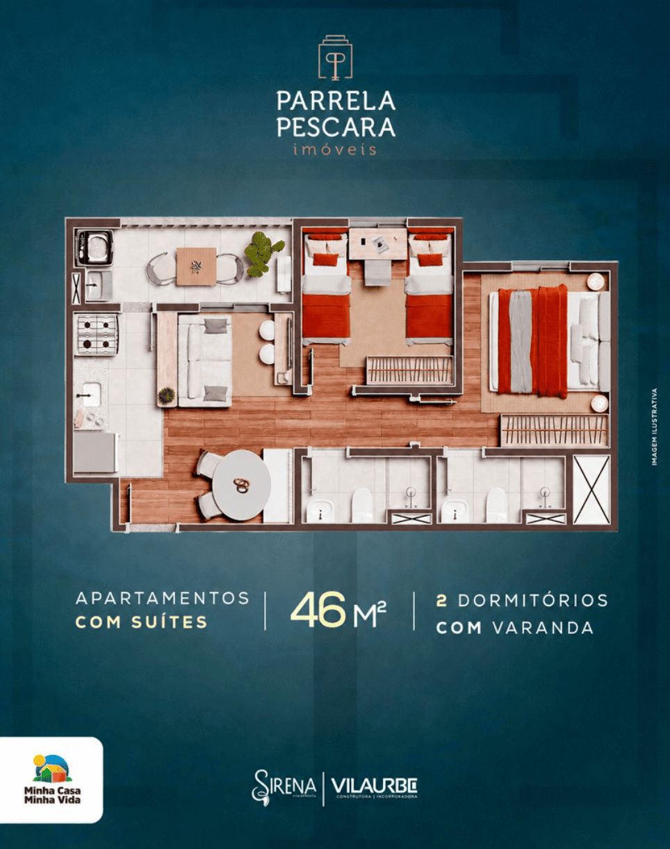 Planta do apartamento de 46 m² com suíte, 2 dormitórios e varanda