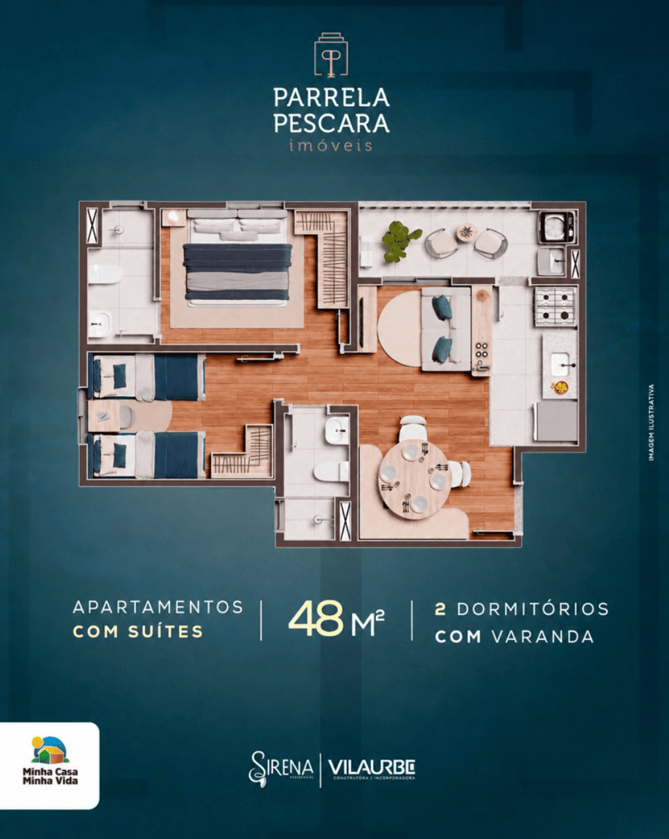 Planta do apartamento de 48 m² com suíte, 2 dormitórios e varanda